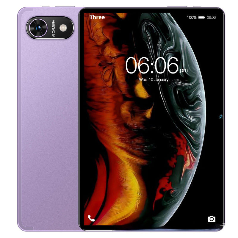 Tablet with a purple back and colorful display on a white background