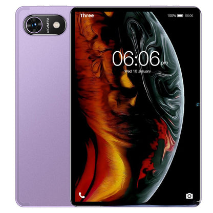Tablet with a purple back and colorful display on a white background