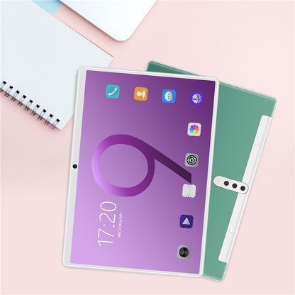 Tablet with a purple case on a pink surface