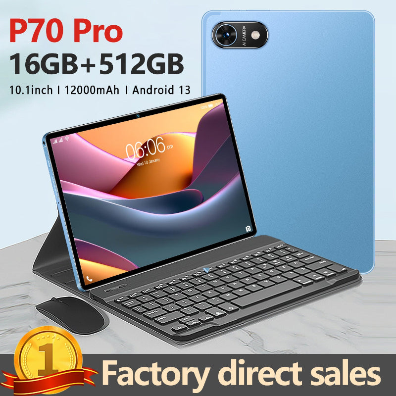 Tablet with keyboard and phone on a light gray surface, featuring product details.