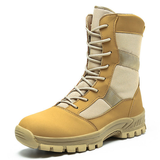 Tan and beige tactical boot with white laces on a white background
