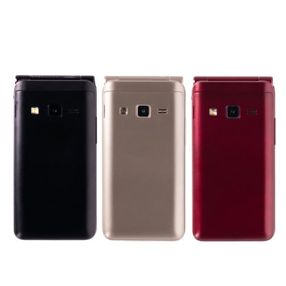 Three flip phones in black, gold, and red on a white background
