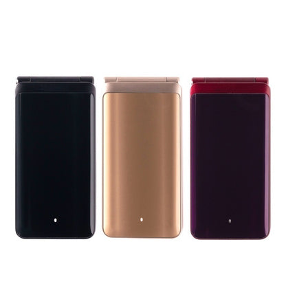 Three flip phones in black, gold, and red on a white background