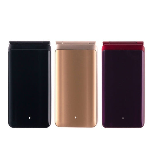 Three flip phones in black, gold, and red on a white background