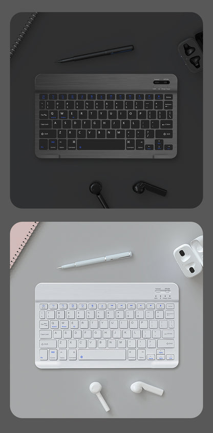 Top-down view of a keyboard with accessories on a dark surface, followed by a similar setup on a light gray surface.