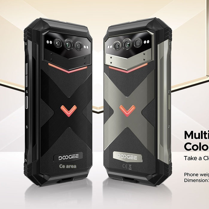 Two DOOGEE phones with black and gray design on a light background