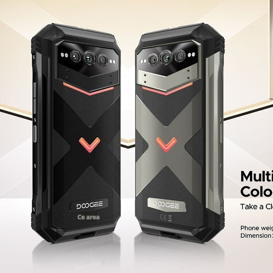 Two DOOGEE phones with black and gray design on a light background