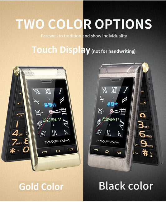 Two MAFAM flip phones in gold and black with touch display on beige and gray backgrounds.