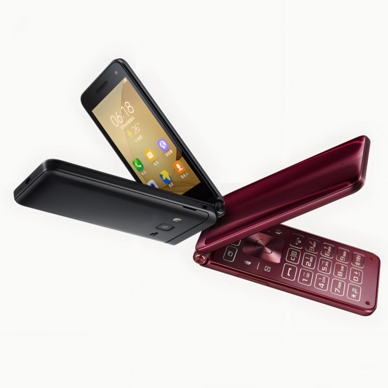 Two flip phones, one black and one red, on a white background