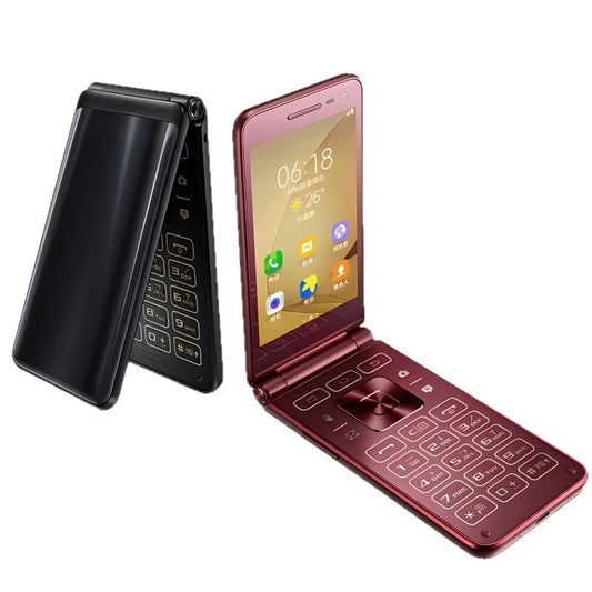 Two flip phones, one black and one red with screen, on a white background