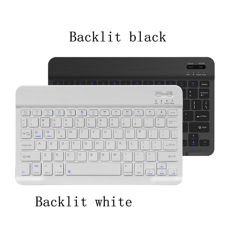 Two keyboards, one backlit black and one backlit white, on a white background.