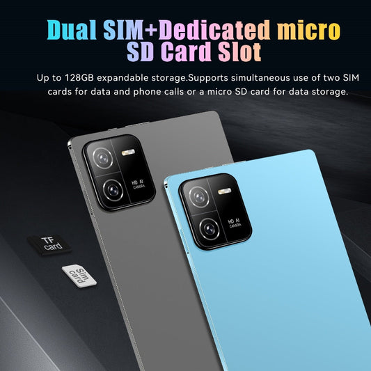 Two tablets, one gray and one blue, with text about dual SIM and micro SD card support.
