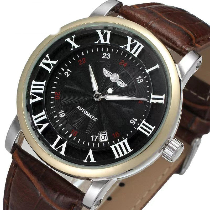 Gold-toned mechanical watch with black dial and Roman numerals, brown leather strap.