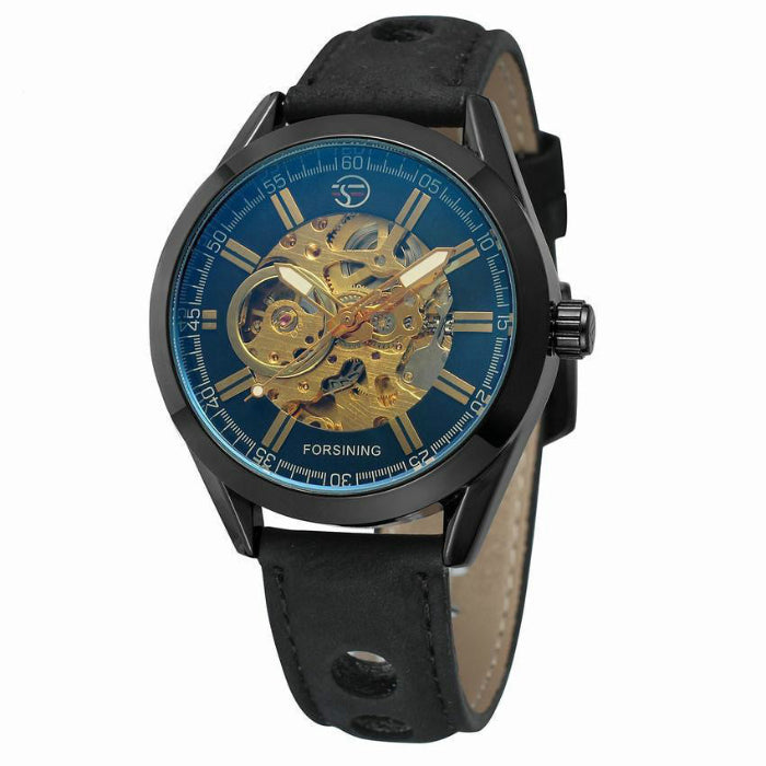 Skeleton mechanical watch with black leather strap, black case and gold-toned open-work dial