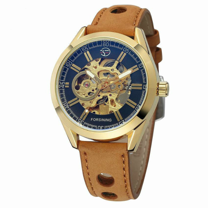 Gold case skeleton mechanical watch with brown leather strap, blue open dial
