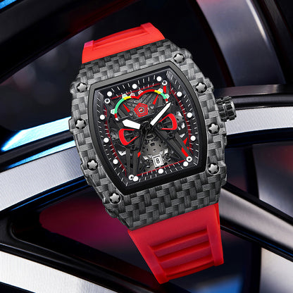 Men's quartz wristwatch, black case with red silicone strap and red-accent dial.
