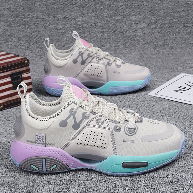 Men's basketball sneakers, white mesh upper with purple accents and teal air-cushion sole