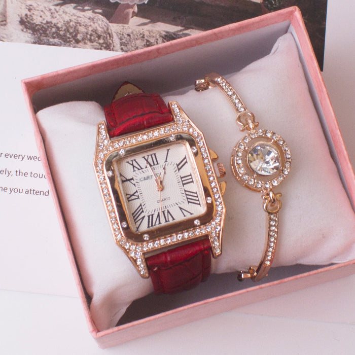 Women’s square rhinestone watch gift set with matching bracelet