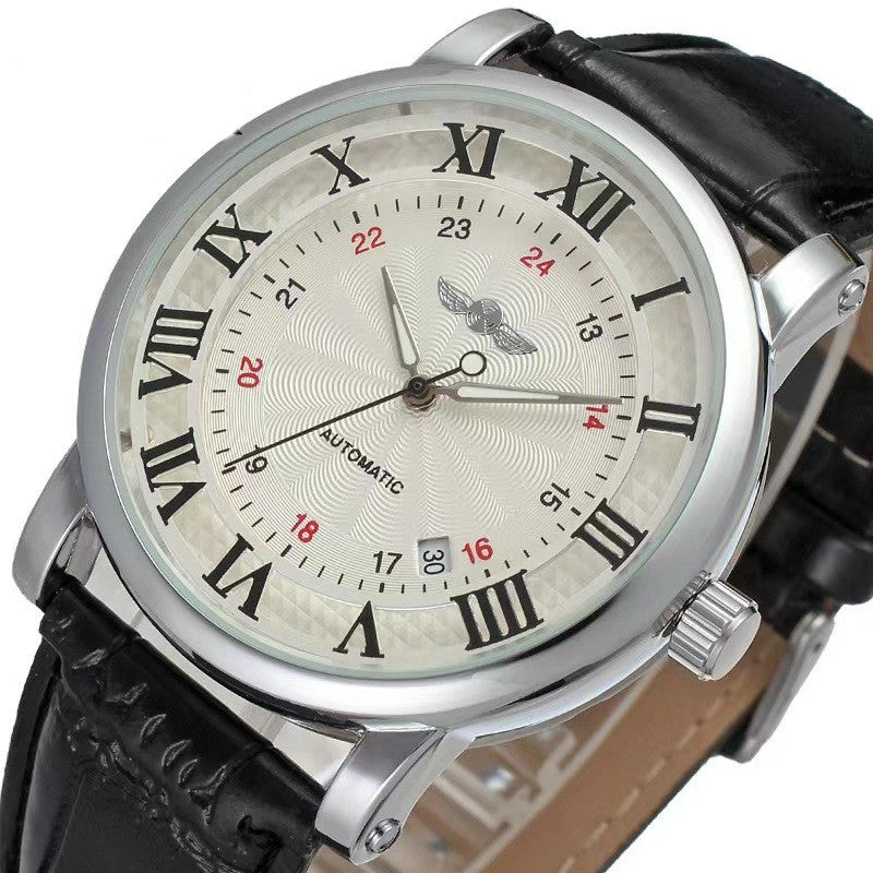 Silver mechanical watch with cream dial and Roman numerals, black leather strap.