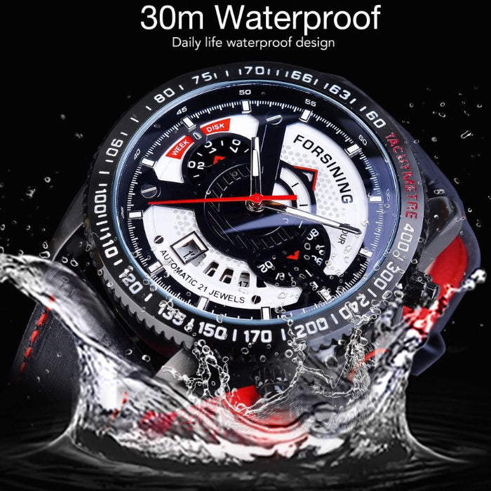 Wristwatch with water splashing around it, emphasizing waterproof feature.