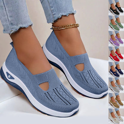 Women's Blue slip-on shoes with white soles worn by a person, with additional color options displayed on the right.