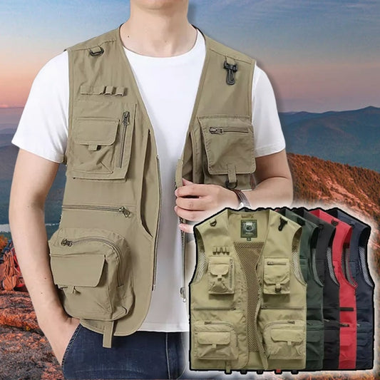Unisex Vest with multiple pockets against a scenic background, with inset images of other colored vests. YAXSO-UAE Online Shop