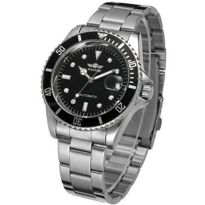 Men’s mechanical stainless steel watch with black dial, black bezel, metal bracelet.