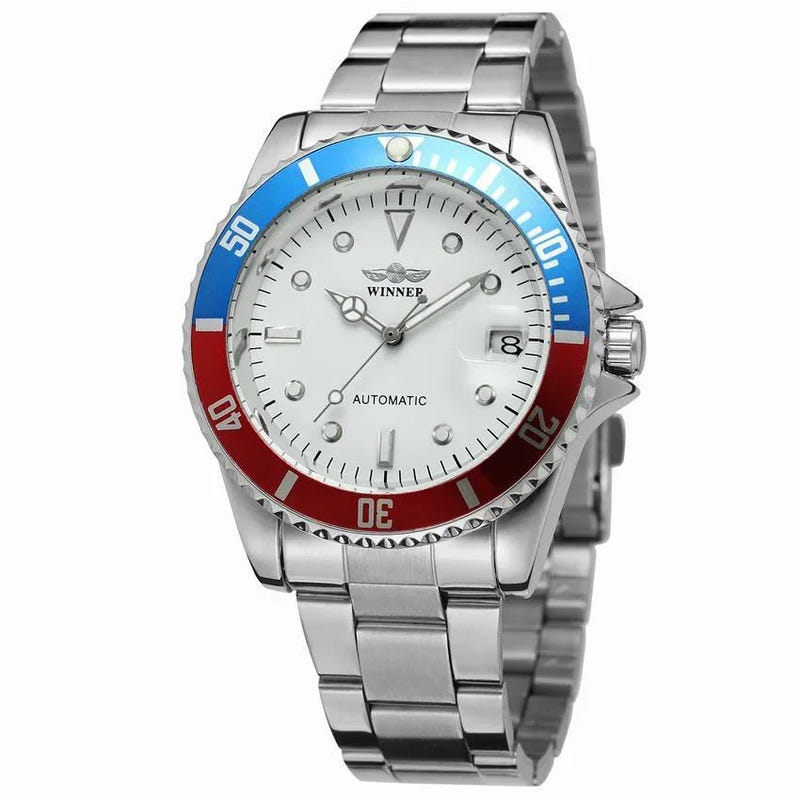 Men's stainless steel automatic watch, white dial with blue bezel and red side stripe