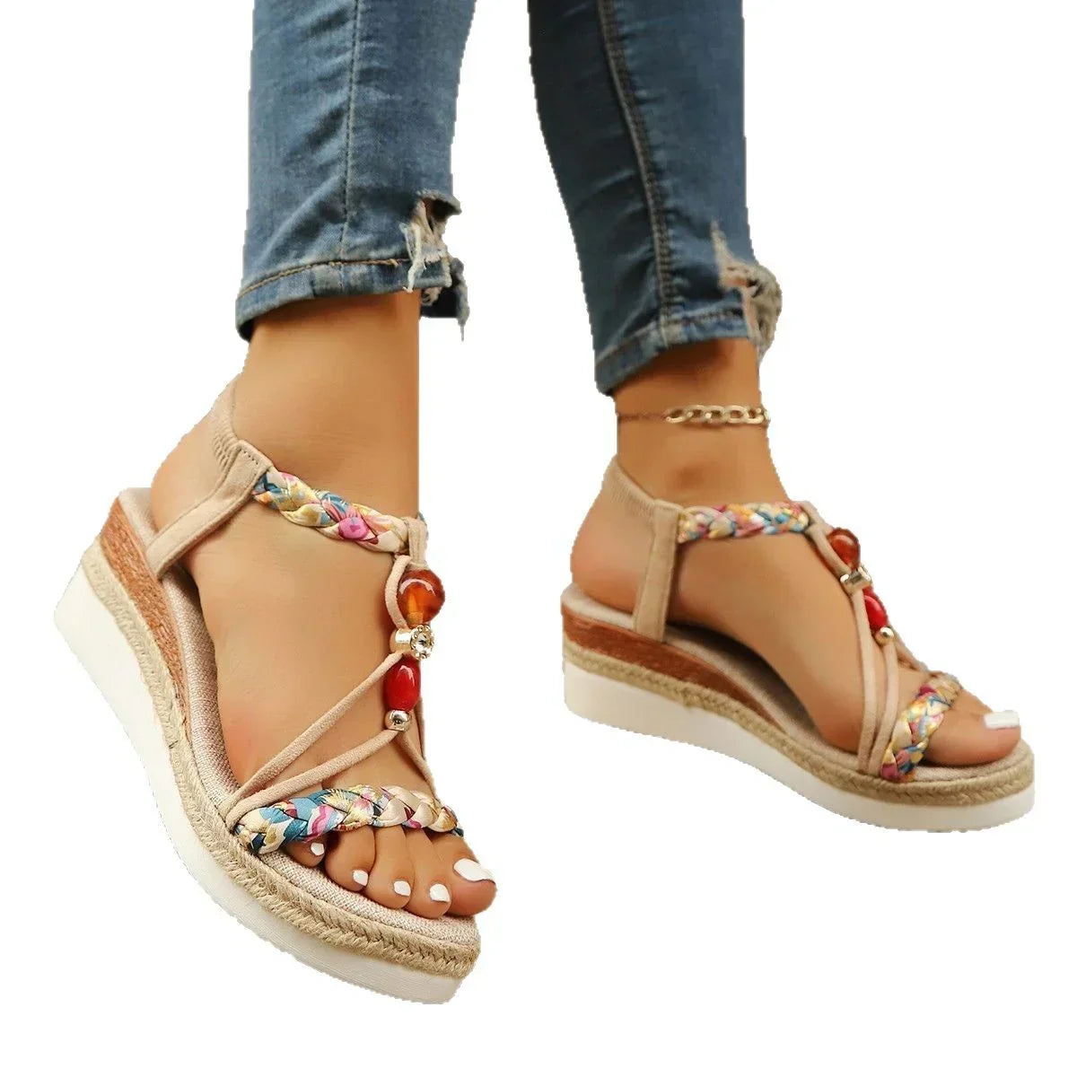Rhinestone Beaded Platform Wedge High Heels - YAXSO