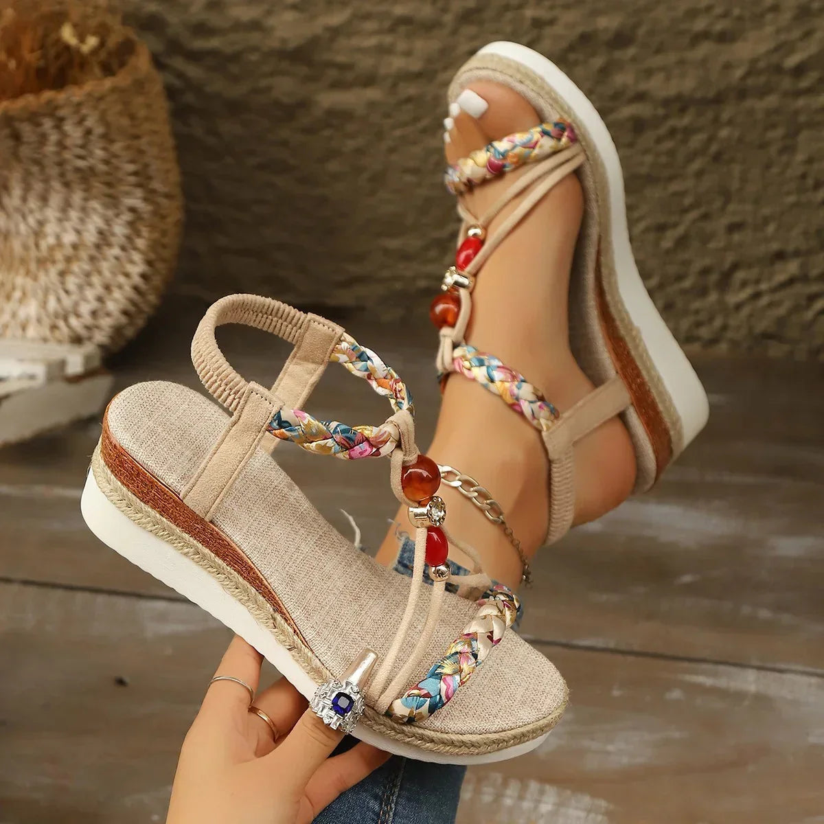 Rhinestone Beaded Platform Wedge High Heels - YAXSO
