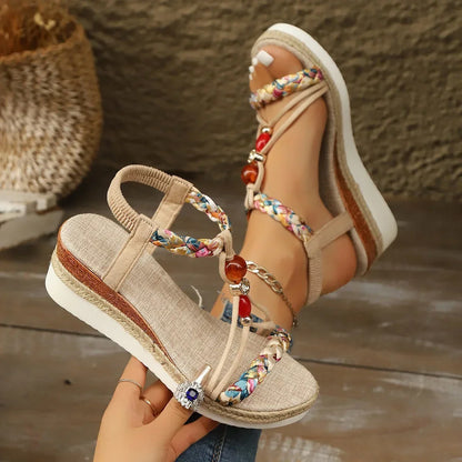 Rhinestone Beaded Platform Wedge High Heels - YAXSO