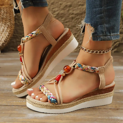 Rhinestone Beaded Platform Wedge High Heels - YAXSO