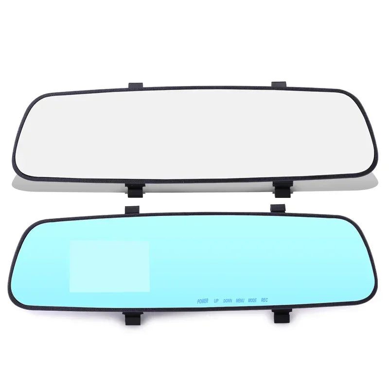 Blue rearview mirror dash cam and lens assembly with black edging