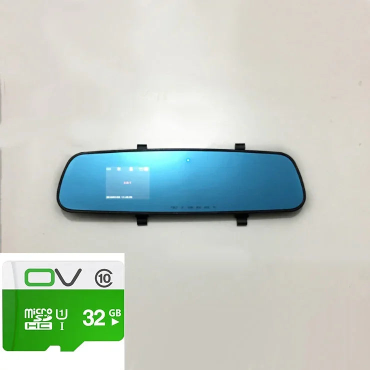 Blue rearview mirror dash cam with screen display and visible mounting clips