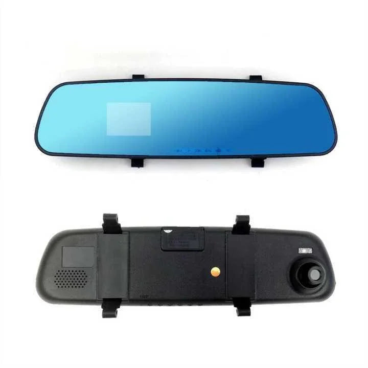 Blue rearview mirror dash cam with open back showing speaker, port, and side lens