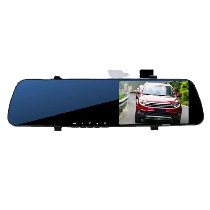 Rearview mirror dash cam showing split view with road footage on blue screen