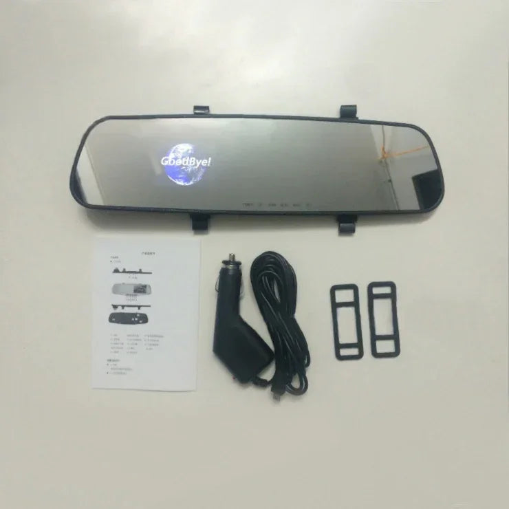 Rearview mirror dash cam with black frame, built-in display and mounting clips