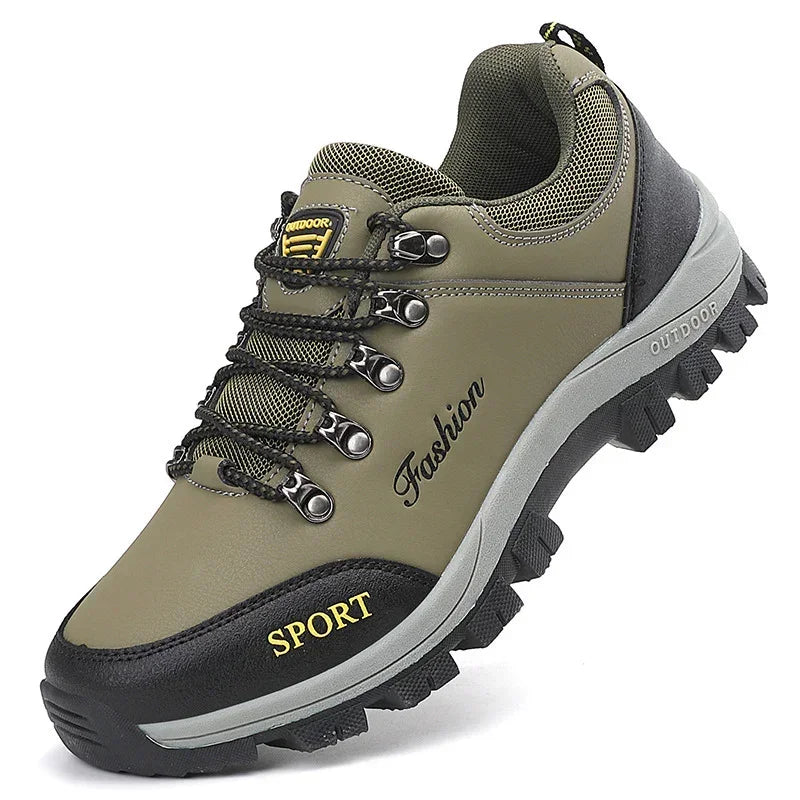 Women's non-slip outdoor shoes in olive tan and black, lace-up with rugged outsole