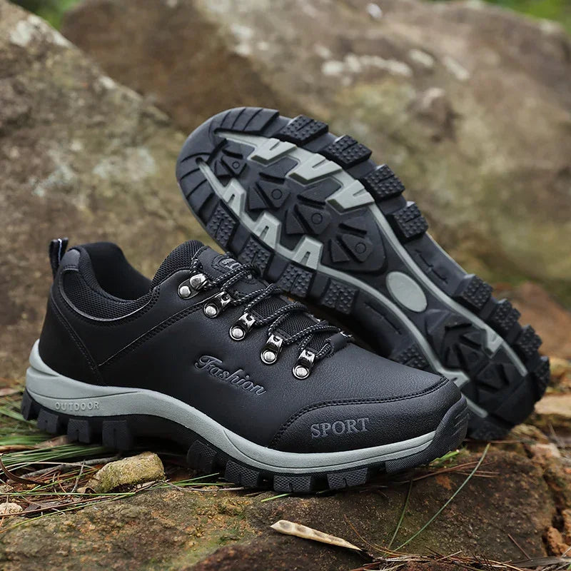Women's non-slip outdoor shoes in black, lace-up upper with textured grip outsole