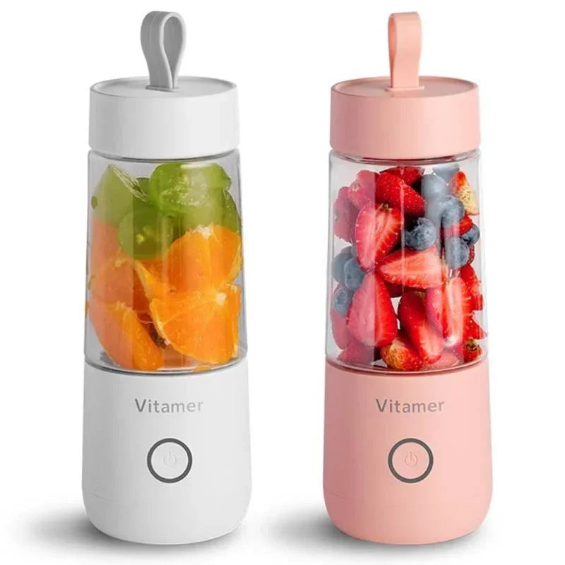 White and pink portable blender bottles with clear cups and lifting handles