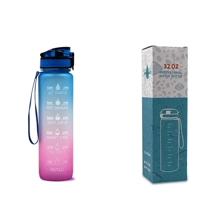 1L motivational time-marker water bottle, blue-to-pink translucent with carry strap