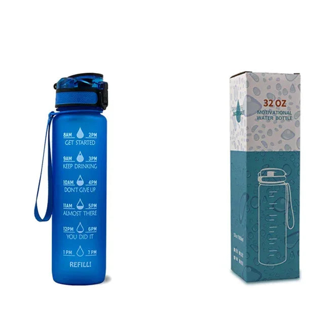 1L motivational time-marker water bottle, blue translucent with carry strap and printed schedule