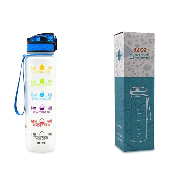 1L motivational time-marker water bottle, clear translucent with blue lid and carry strap