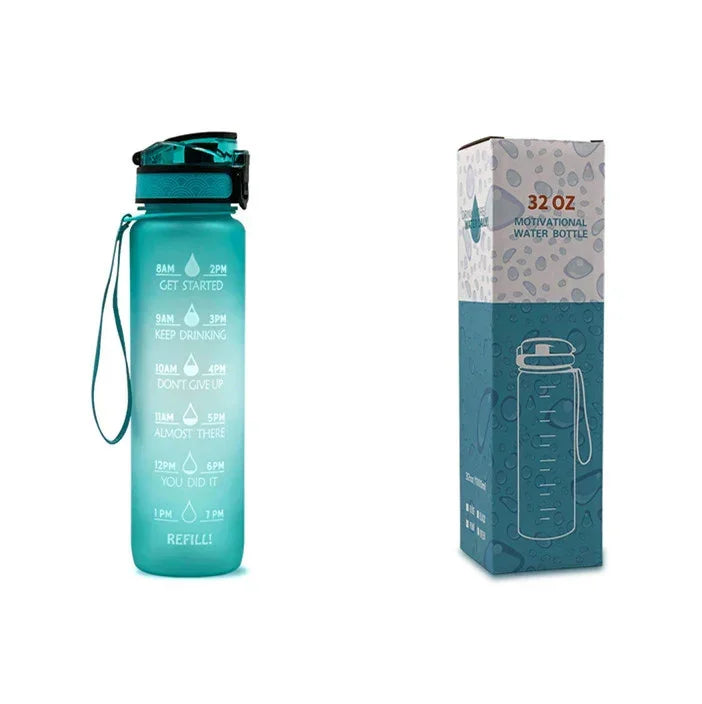 1L motivational time-marker water bottle, teal translucent with carry strap and printed times