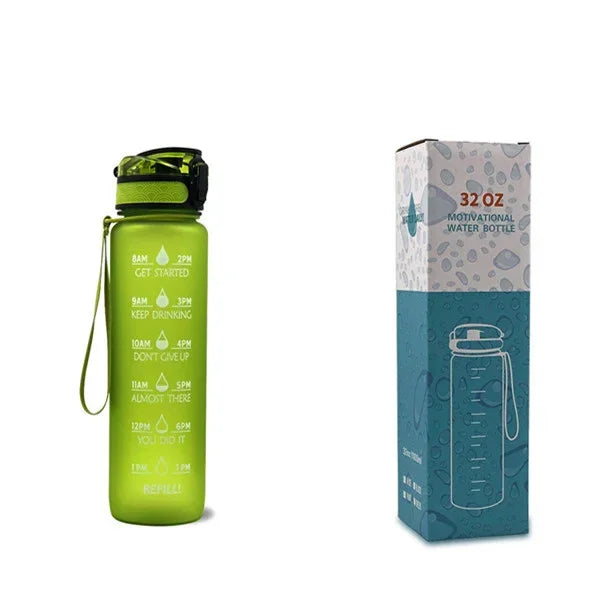 1L motivational time-marker water bottle, lime green translucent with carry strap and times