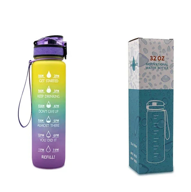1L motivational time-marker water bottle, yellow-to-purple translucent with carry strap