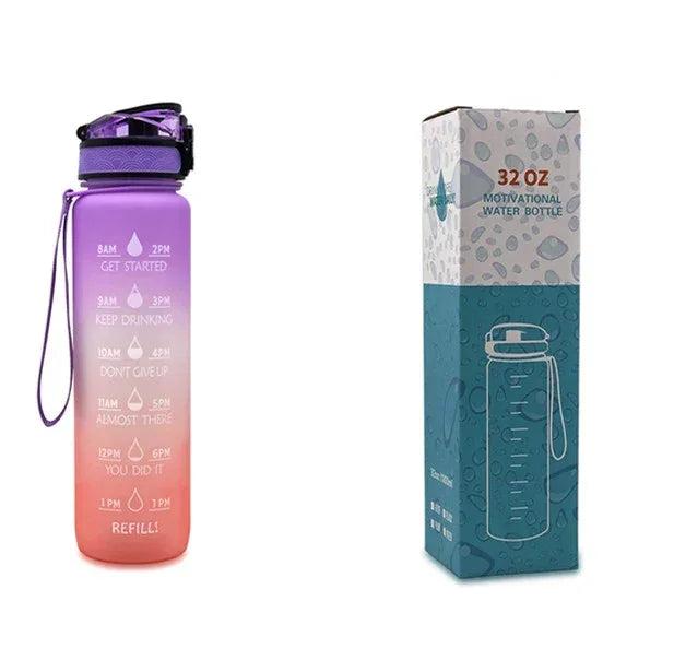 1L motivational time-marker water bottle, pink-to-orange gradient translucent with carry strap