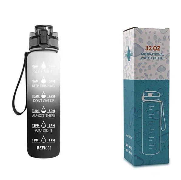 Black motivational water bottle with time markers, flip-top lid, carrying wrist strap