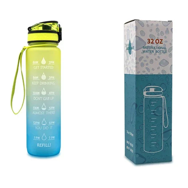 Green-to-blue gradient motivational water bottle with time markers and wrist strap