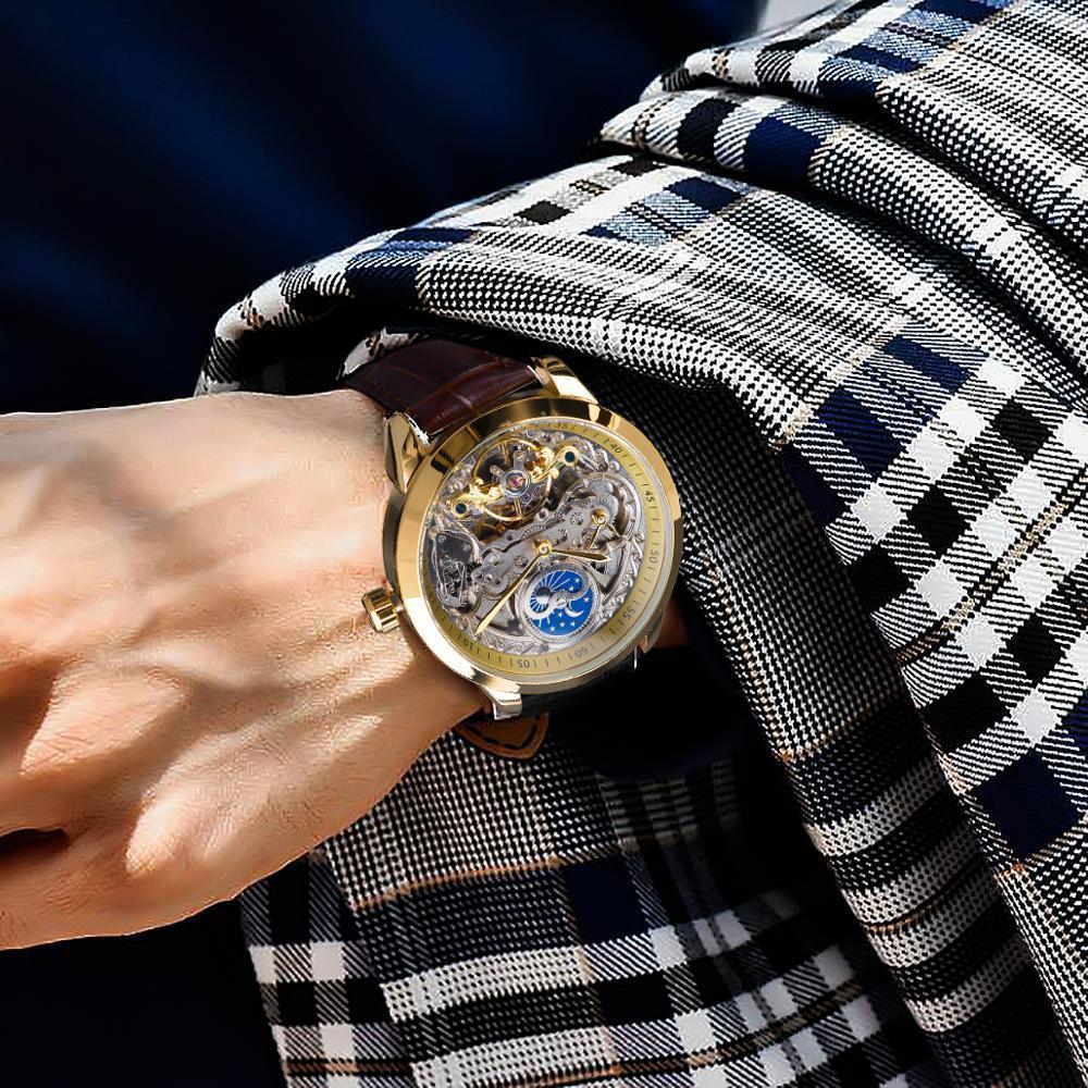 Mechanical Skeleton Watch with Moon Phase Display - YAXSO